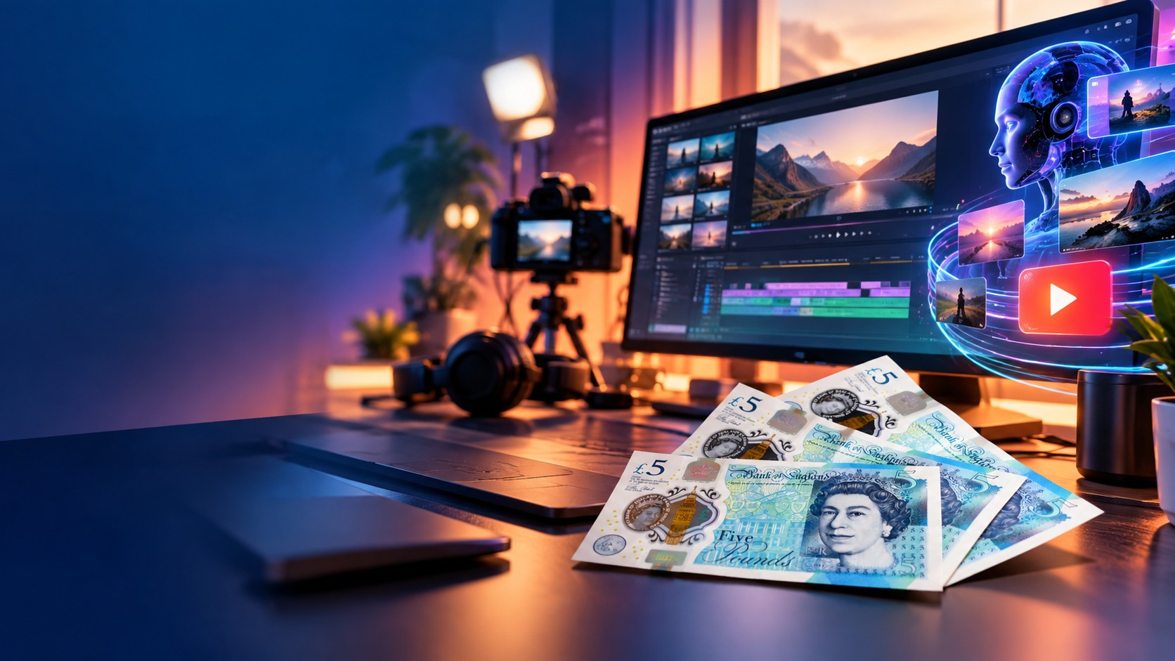 A laptop timeline editing an AI-generated video beside a YouTube revenue graph, with ad revenue, affiliate, sponsorship and client work labels and UK banknotes.
